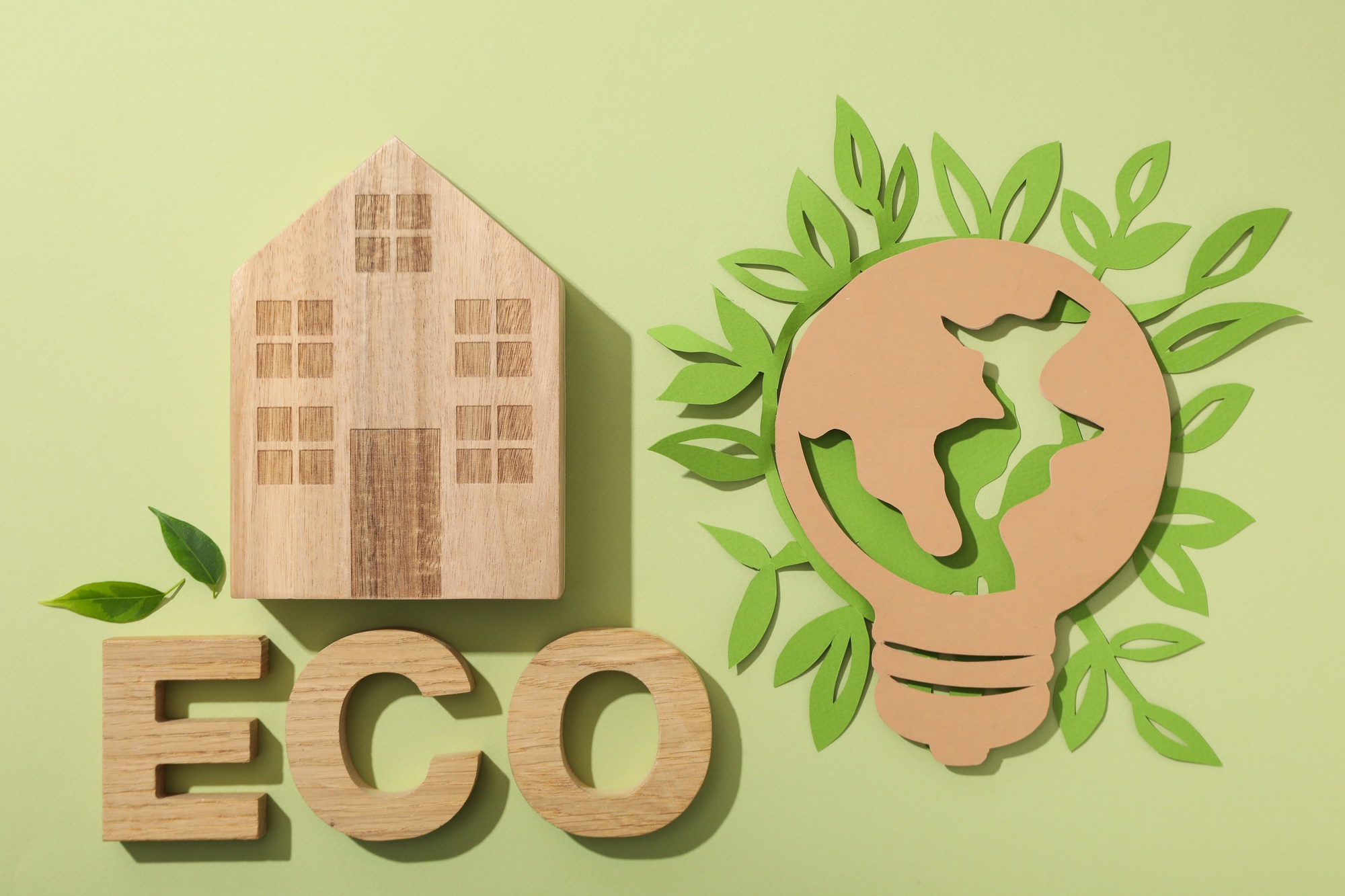 Eco house concept, wooden house with the word eco